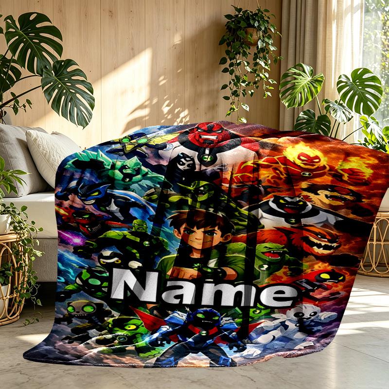 Custom Name Personalized Ben 10 Cartoon Print Blanket, Home Decor, Bedroom, Sofa, Camping, Couch, Gifts for Birthday ChristmasEnthusiasts