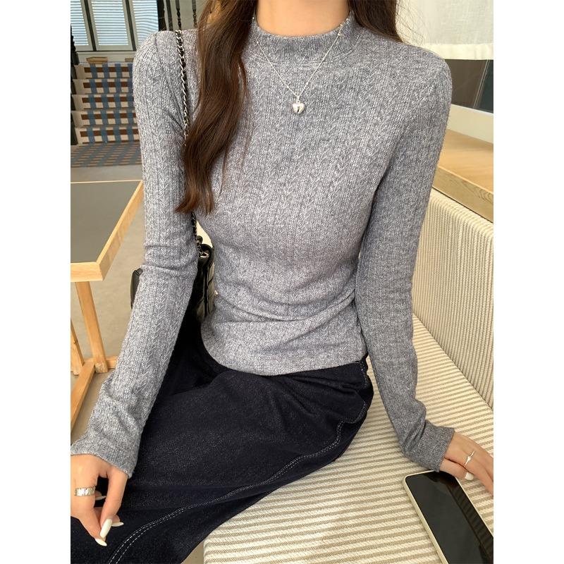 Gray Design Half-high Collar Long-sleeved Bottoming Shirt for Women, Autumn and Winter Style Inner Layering and Layering Slim Fit Top