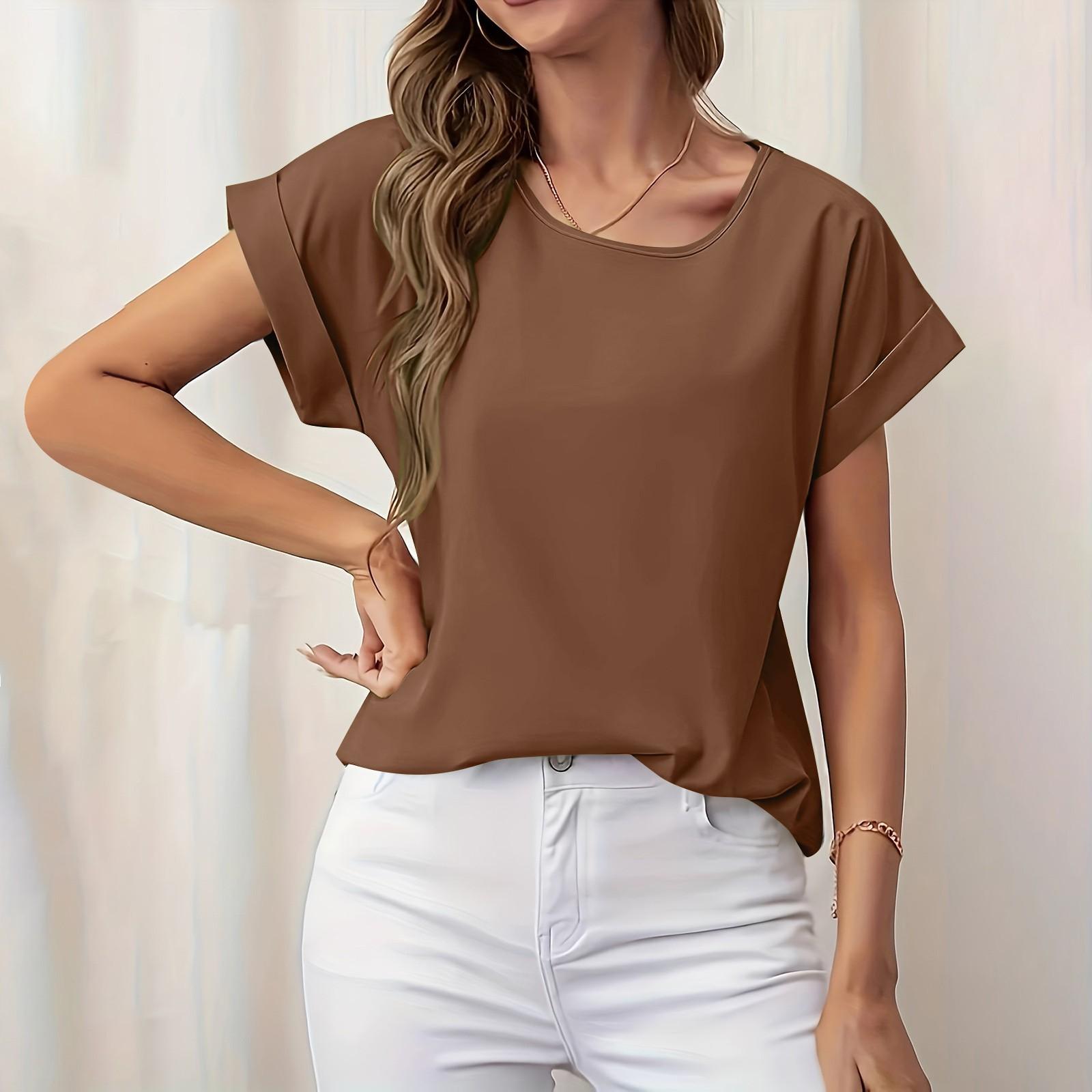 

Женская летняя повседневная блузка с коротким рукавом и круглым вырезом, женская рубашка M коричневый