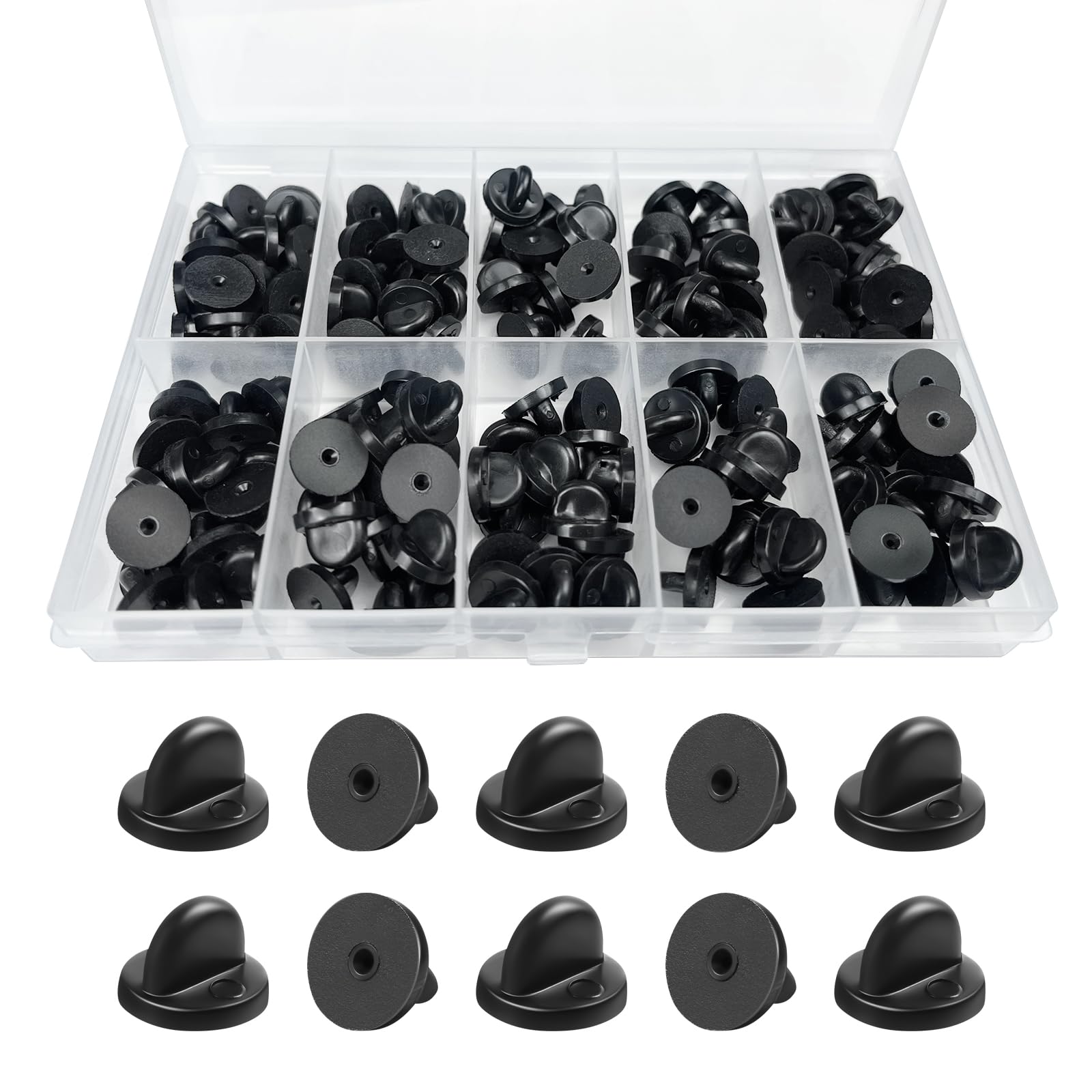 

150Pcs Rubber Pin Backs Locking With Storage Case Keepers for Brooch Tie Hat Badge One Size чёрный