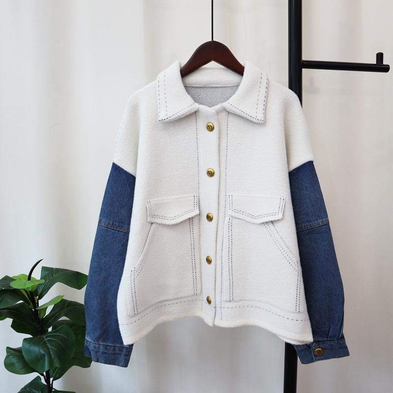 

Джинсовый вязаный двусторонний кардиган в стиле пэчворк, новый дизайн на осень и зиму, темпераментный, свободный свитер-жакет для женщин one size fits all