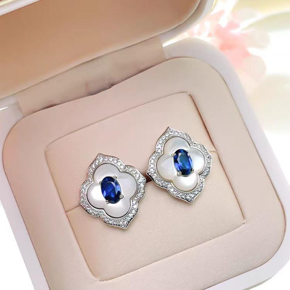 Luxury Women Jewelry Set Blue Spinel Earrings High Carbon Diamond Ring Clover Shell Pendant Necklace