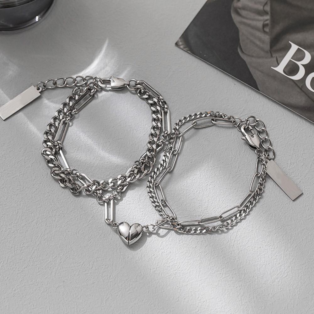 Braccialetto Doppia Fila per Coppia in Acciaio di Titanio Con Cuori Magnetici Per Regalo e Moda