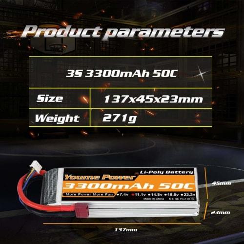 Youme Power 3S LiPo Battery, 11.1V RC Lipo 3300mAh 50C Deans T-Plug for RC Cars, Trucks, Truggy, Airplanes, UAVs, Drones, FPV Gliders, 3D Planes, Park