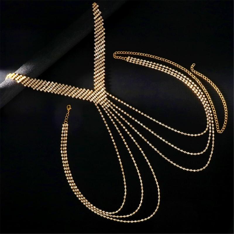 Stylish U Shape Layer Fringe Chest Necklace In Gold And Silver For Wedding Party And Cosplay Outfits
