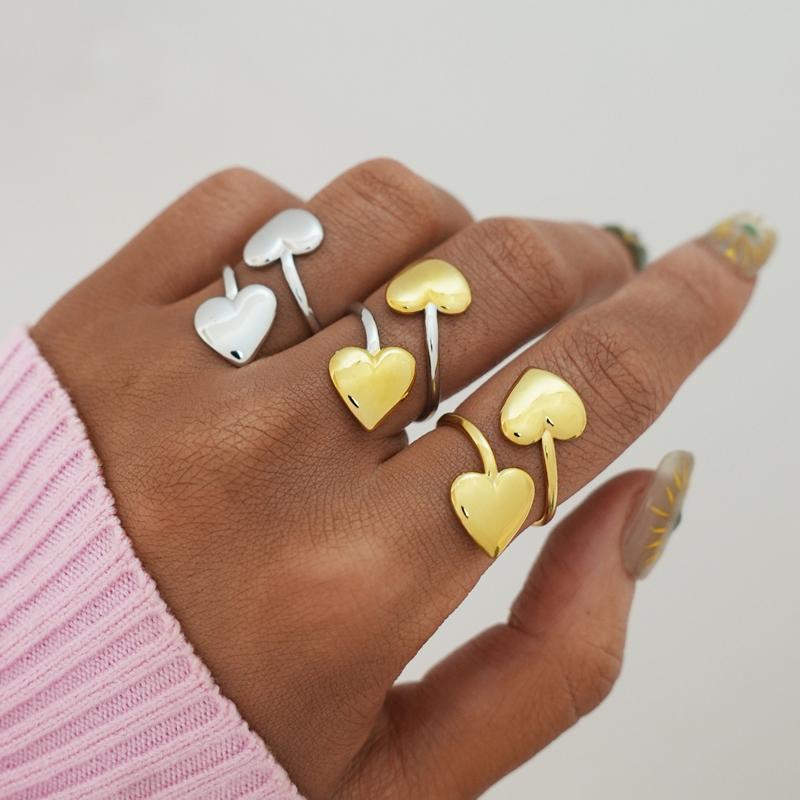 Creative Stainless Steel Peach Heart Adjustable Open Rings for Women Personality Metal Contrasting Layered Finger Ring Jewelry