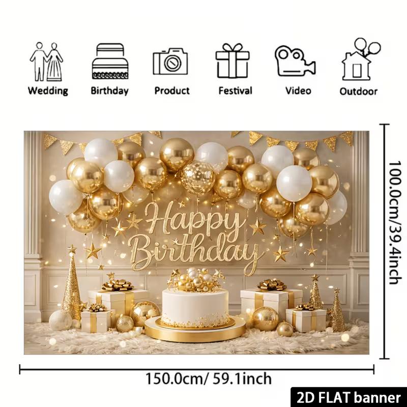 2D Luxury Gold White Balloon Birthday Backdrop with Warm Lights