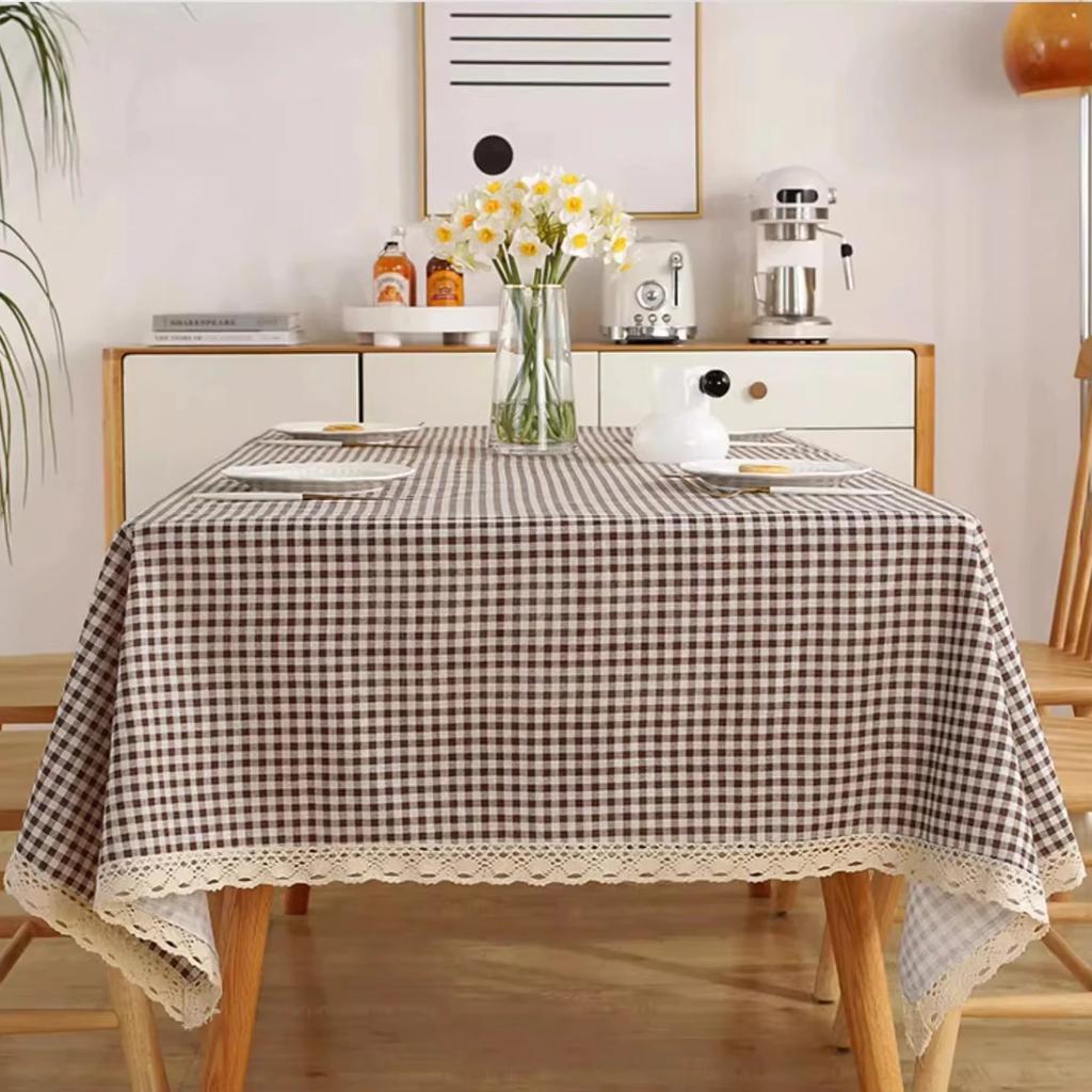 Nordic Style Coffee Grid Tablecloth Rectangle Tablecloth with Lace Dust-Proof Table Cover for Kitchen Dinning Table Decoration