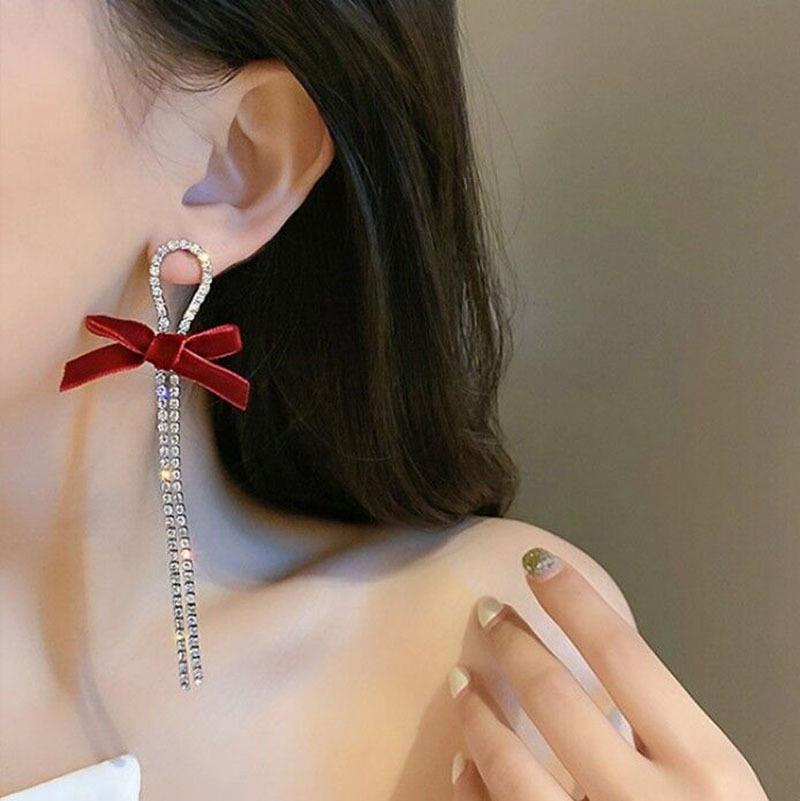 925 Silver Bowknot Tassel Earrings with Diamonds