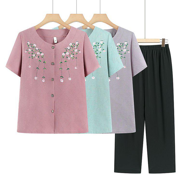 Mom s 2026 Summer Outfit: Elegant Short-Sleeve T-shirt Set for Mature Women 2XL