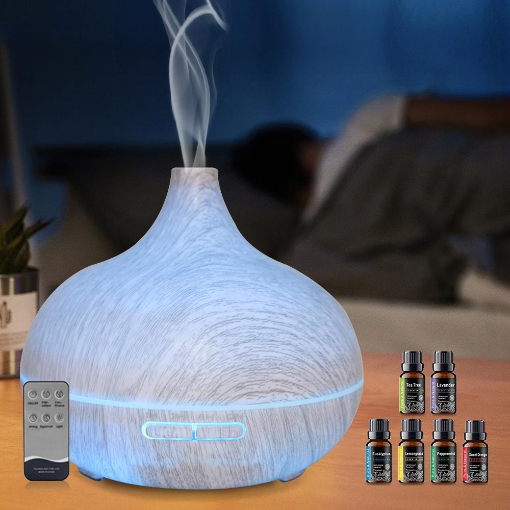 

Wood Grain Aromatherapy Diffuser 550ml Ultrasonic Humidifier, Remote Control & 6 Luxury Oils Silent Operation for Relaxation & 550ml