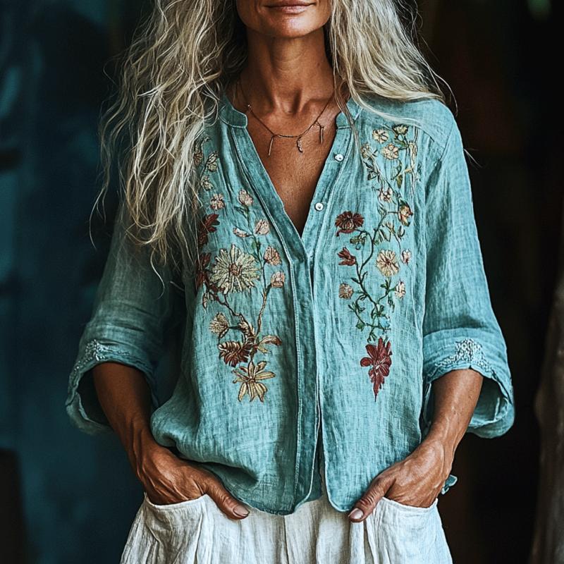 Cross-border Casual V-neck Lake Blue Embroidered Long-sleeve Shirt - TikTok Hot Seller