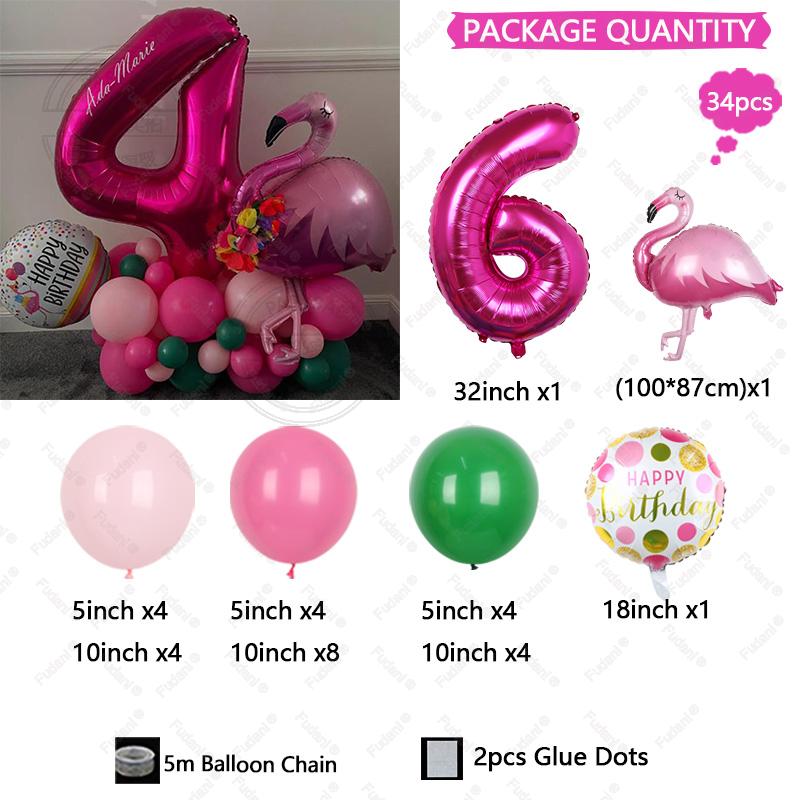 34pcs 32 Inch Rose Red Number 1-9 Birthday Balloon Set Flamingo Balloon Tropical Hawaii Theme Party Decoration Festival Supplies