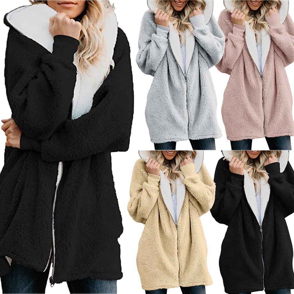 Damer Ensfarget Oversized Glidelås Ned Hettekåpe Cardigans Yttertøy Med Lomme