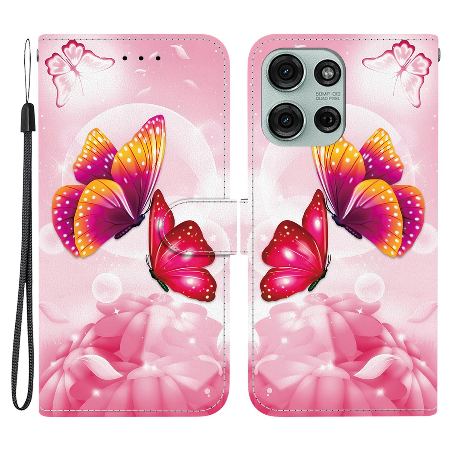 

For Motorola Moto G75 5G Case Pattern Printing Anti-Drop Leather Flip Wallet Phone Cover with Lanyard Pink Butterfly