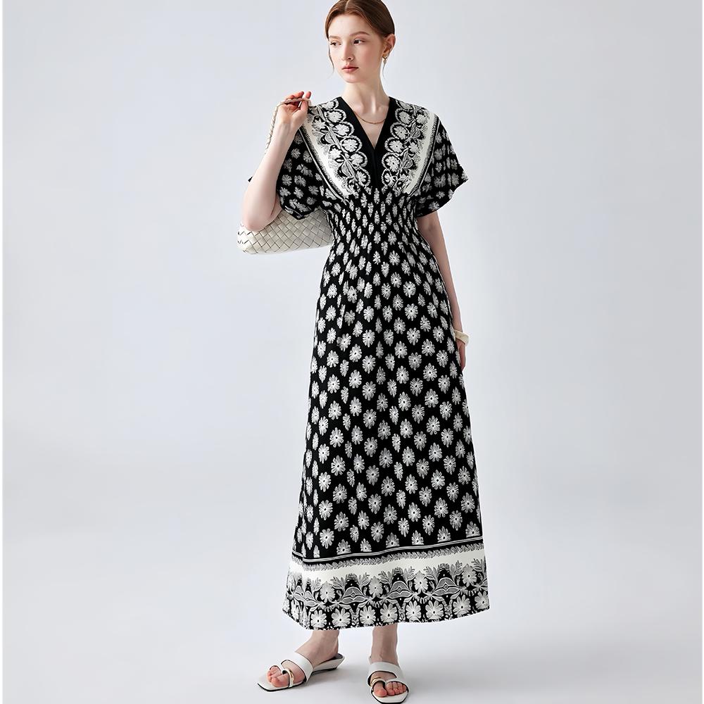 Bohemian-Style Cotton-Silk V-Neck Batwing Print Dress Summer Casual Vacation Beach Dress