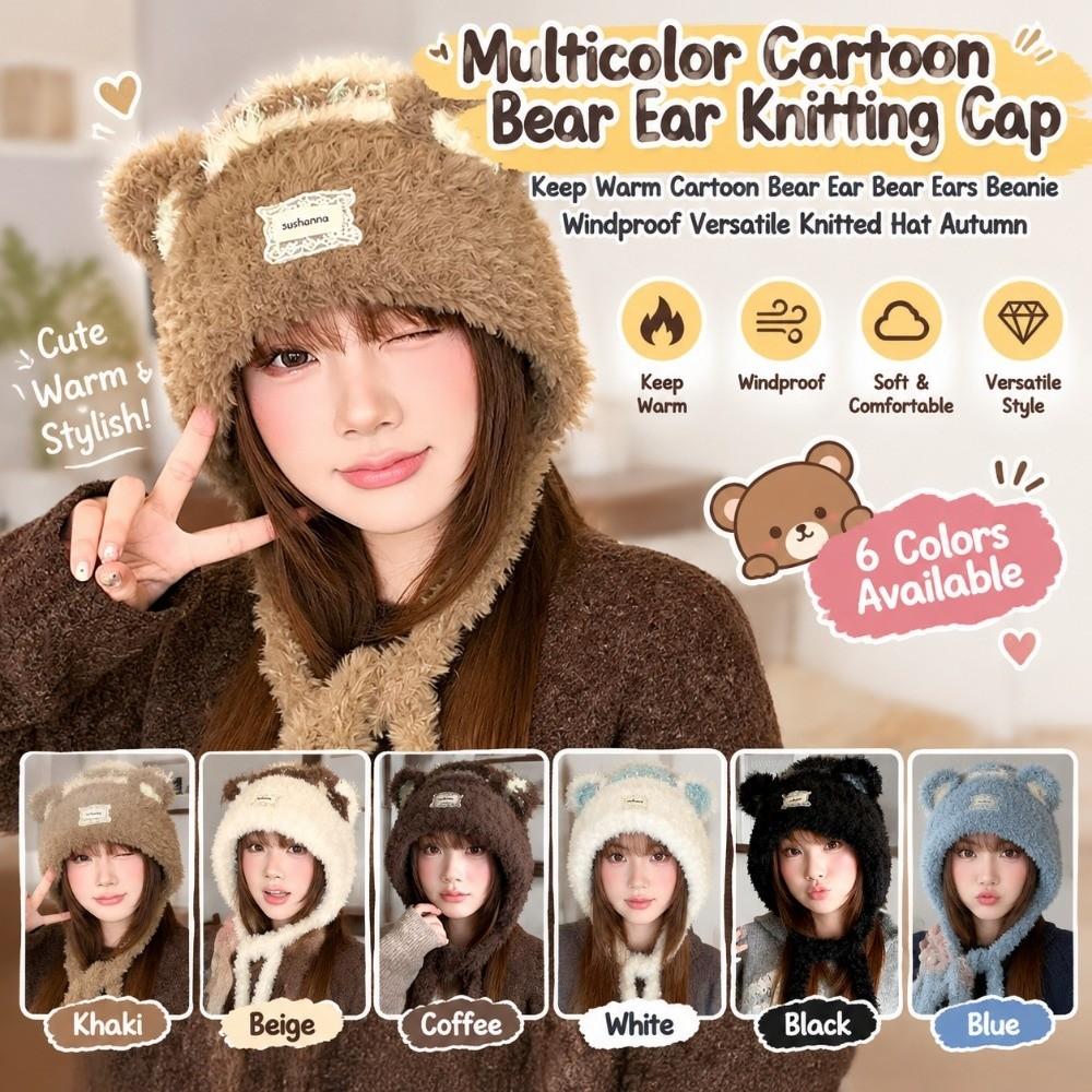 Cartoon Bear Ear Plush Knitted Hat Keep Warm Bear Ears Beanie Lovely Ear Protective Cap For Women