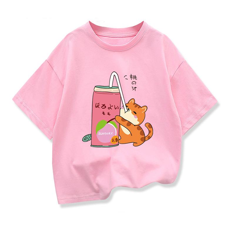 Cute Cat Drinking Milk Tea Casual Top Harajuku Funny Cartoon Short-Sleeve T-Shirt