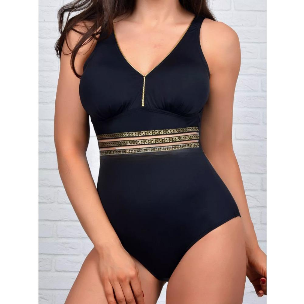 

Европейский и американский слитный купальник для женщин, однотонный купальник с V-образным вырезом и плетением XXL чёрный