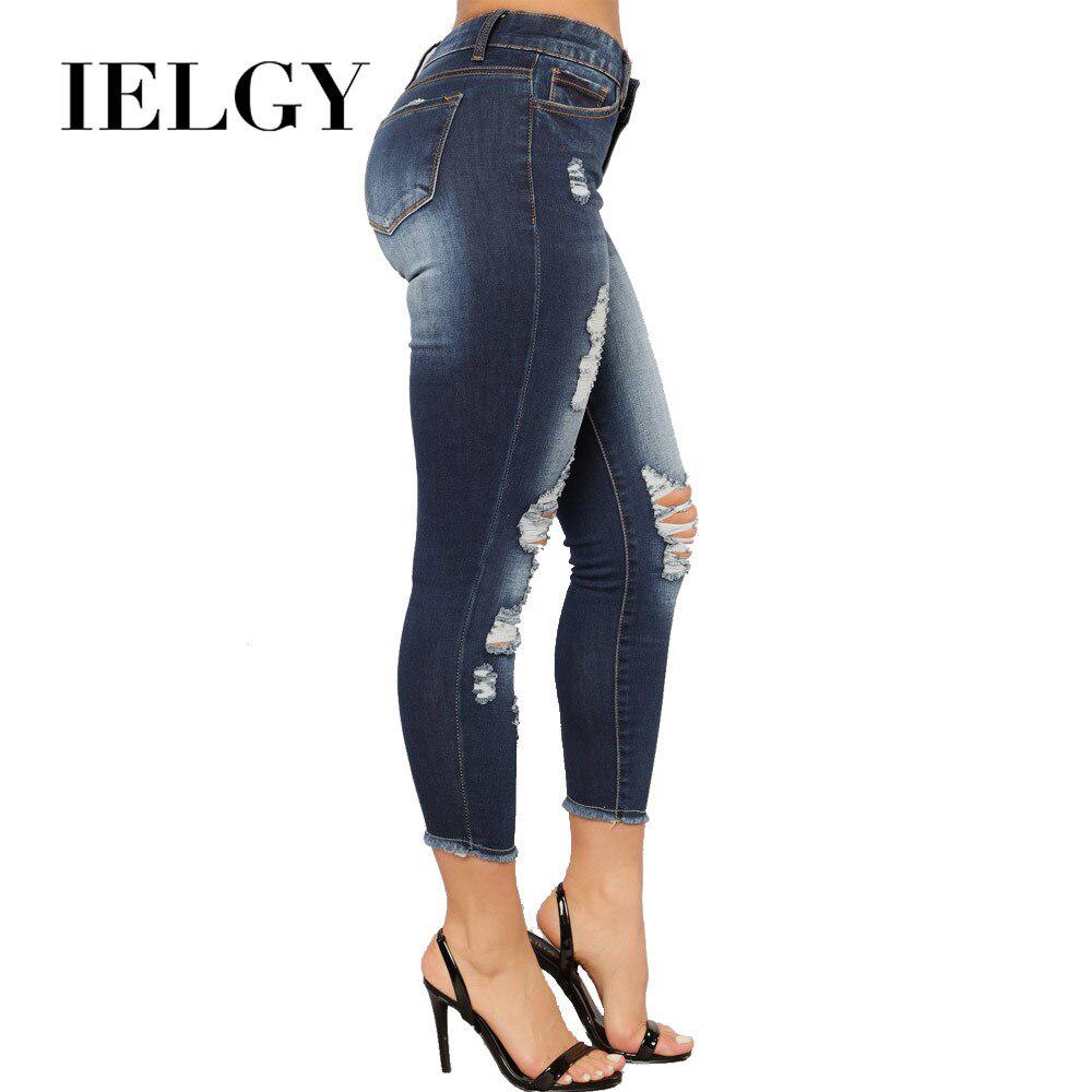 IELGY Cropped Jeans Damen Mode Loch Hohe Elastische Füße Enge Dünne Hüften Bequeme Unterseite