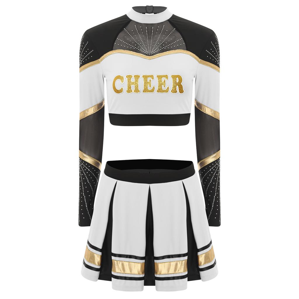 Womens Cheerleader Set Long Sleeve Sequined Crop Top Pleated Skirt Dance Uniform Cheer Competition Performance Outfit