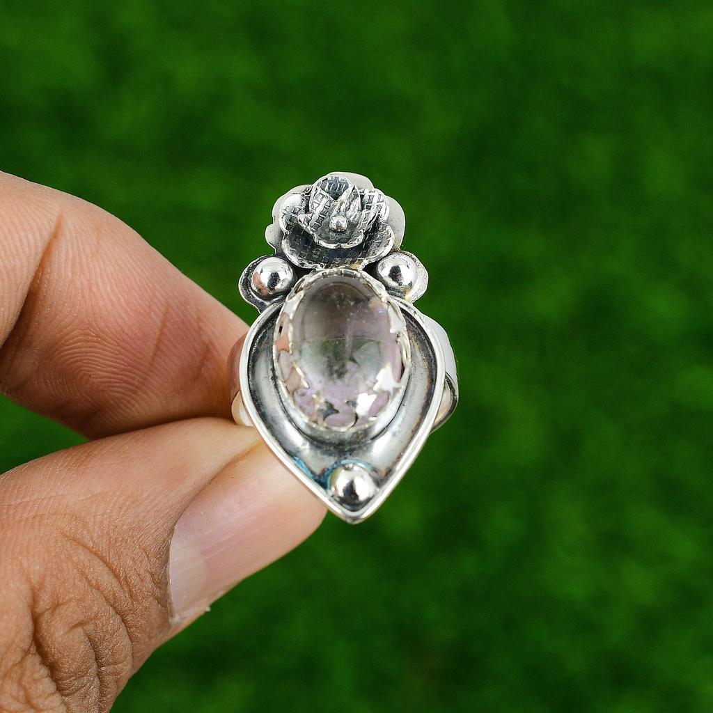 Natural African Amethyst 925 Silver Multi Stone Flower Adjustable Ring For Girls