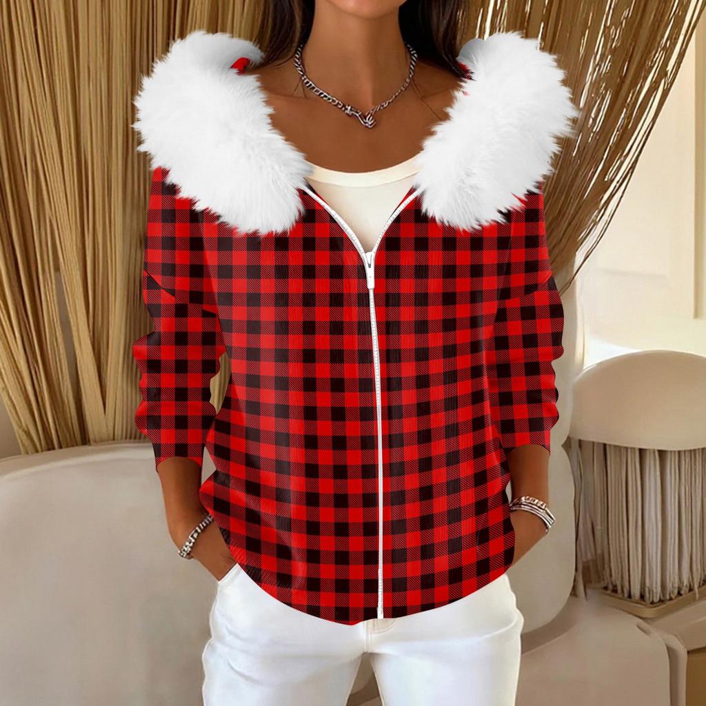 Women's Fashion Casual Sweater Zipper Print Cardigan Plush Hooded Jacket