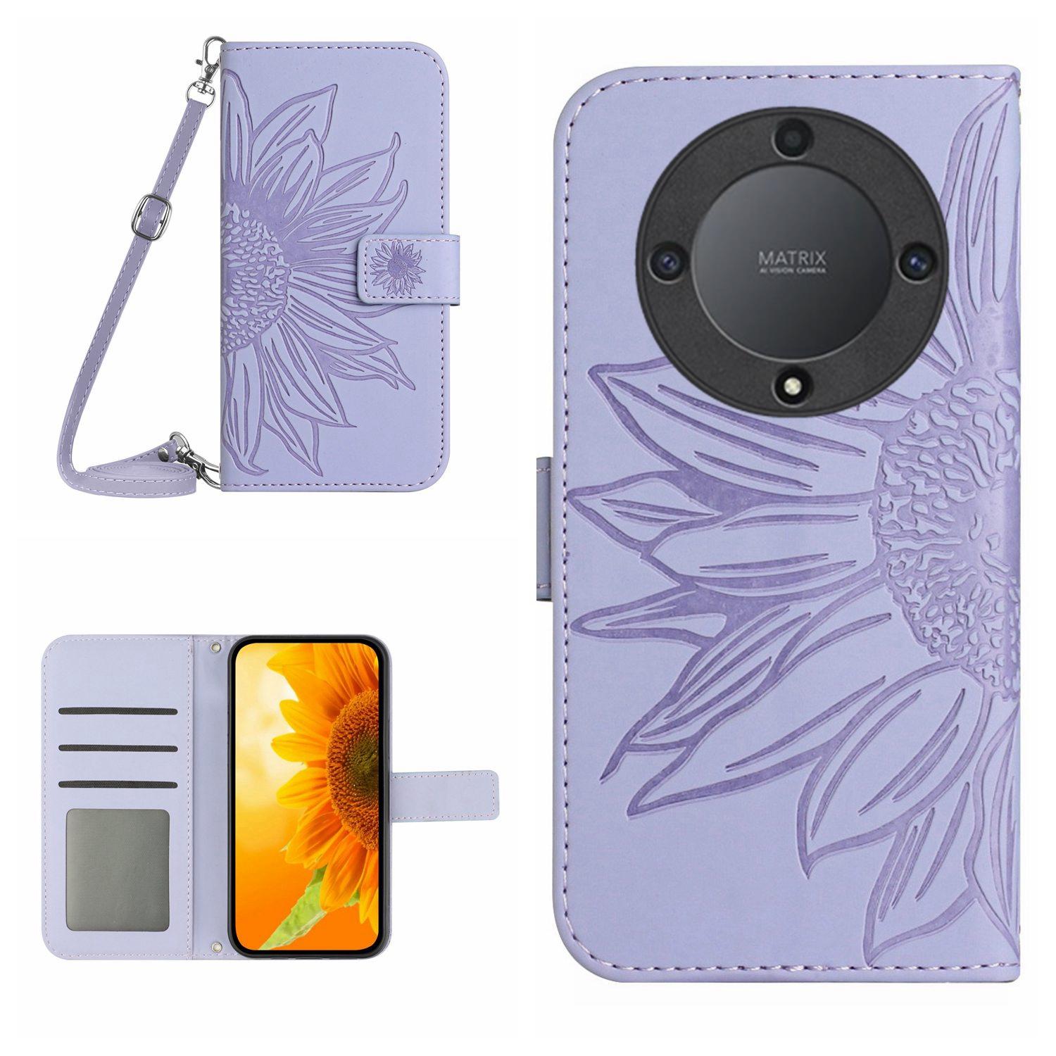 

HT04 For Honor X9b 5G/Magic6 Lite 5G Case Imprinted Leather Anti-scratch Phone Cover with Shoulder Strap Light Purple