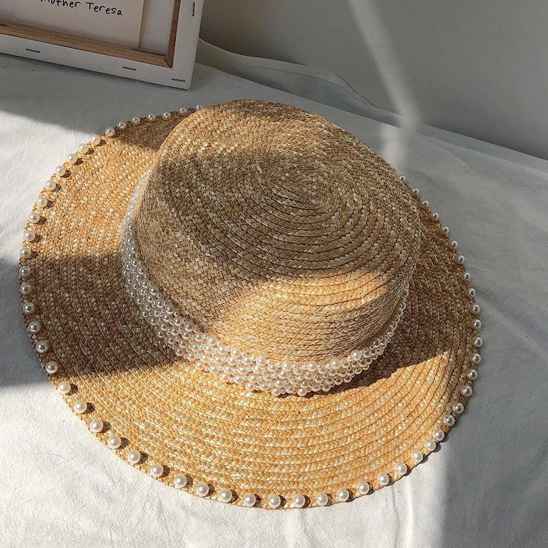 Natural Wheat Straw Boater Fedora Top Hat Women Summer Beach Flat Brim Cap Pearl Accessories For Holiday Party Trendy Sun Hats