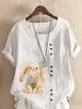 Women's Fashion Rabbit Print Casual Cotton Linen Short Sleeve Round Neck T-shirt Shirt Leisure Loose Summer Blouse Tops