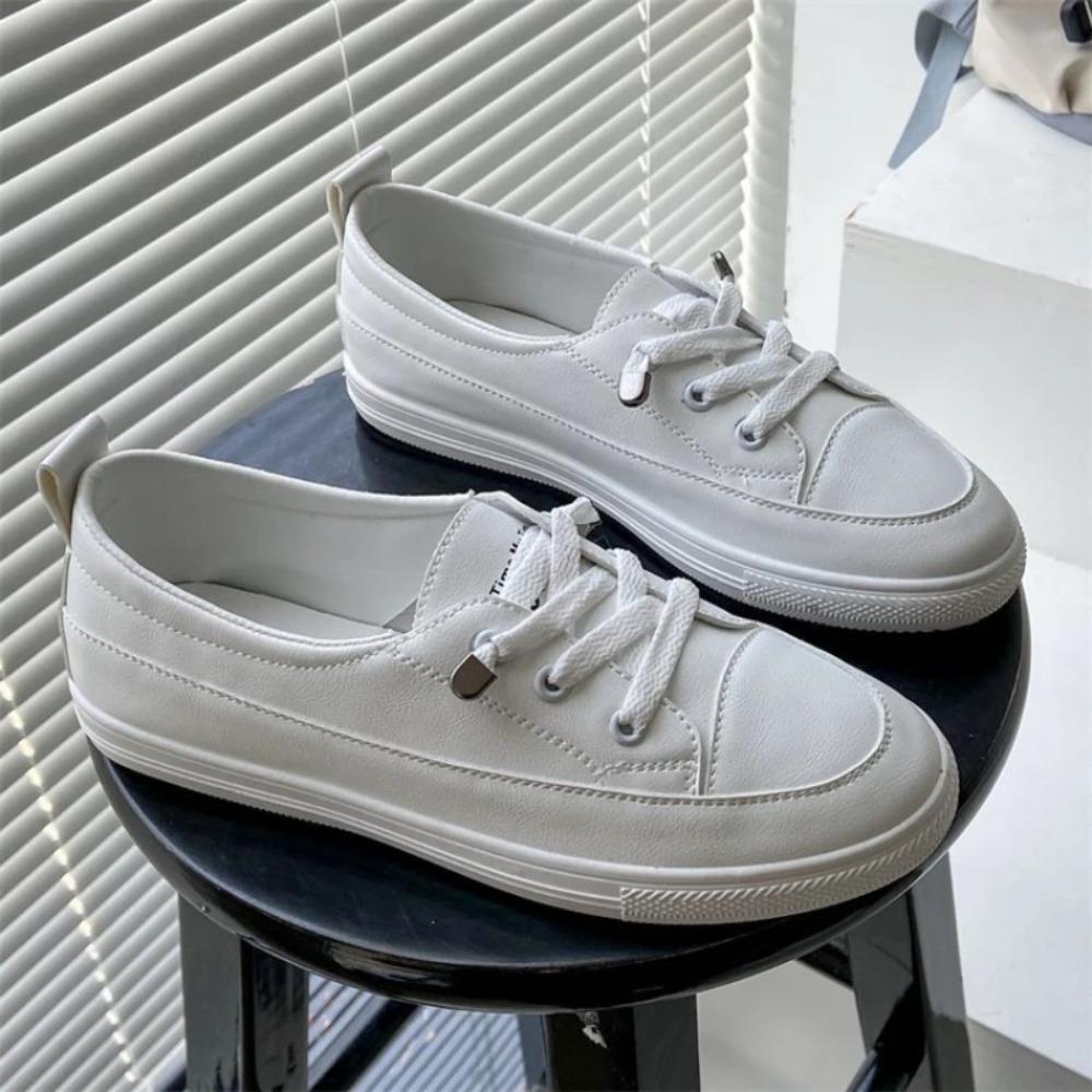 Ladies new autumn white shoes Fashion leather casual single footwear Solidcolor laceup flat Comfortable light women's board shoe