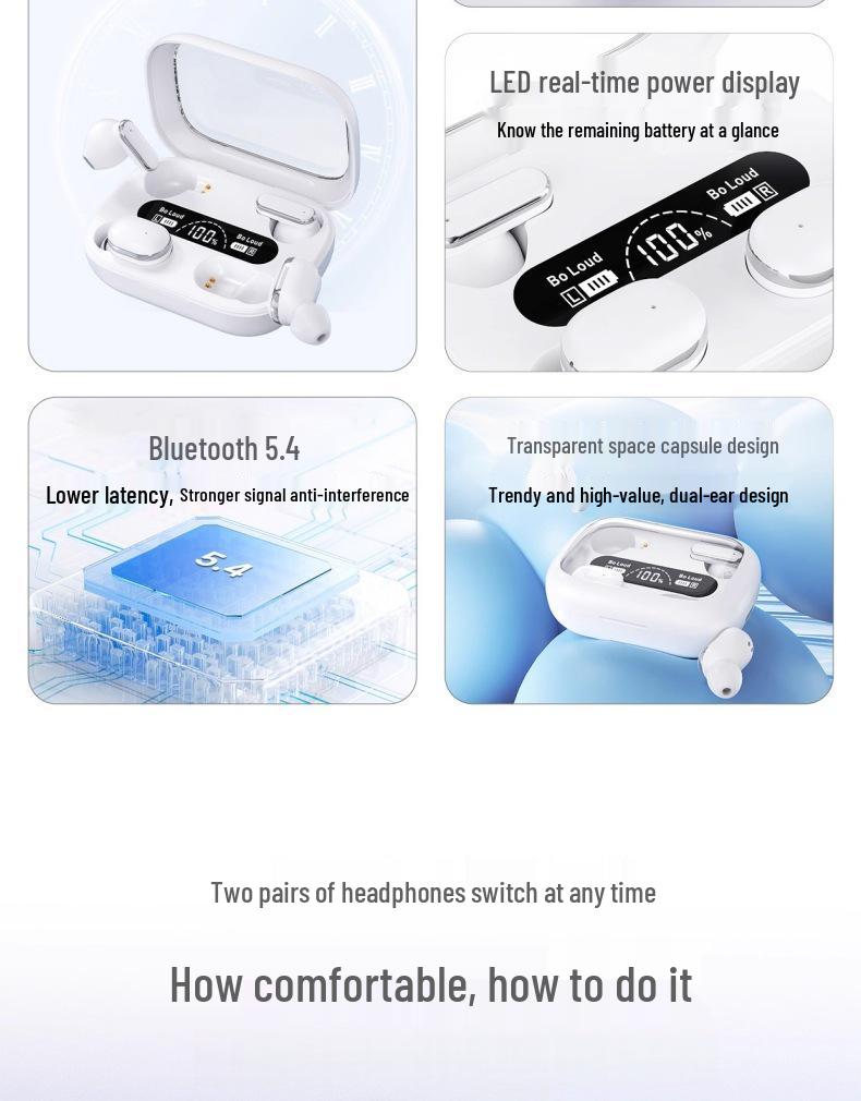 Q8 High-Quality Noise-Cancelling Bluetooth Earphones with Digital Display, Comfortable Fit, Sports-Ready, Wireless 5.4 Core