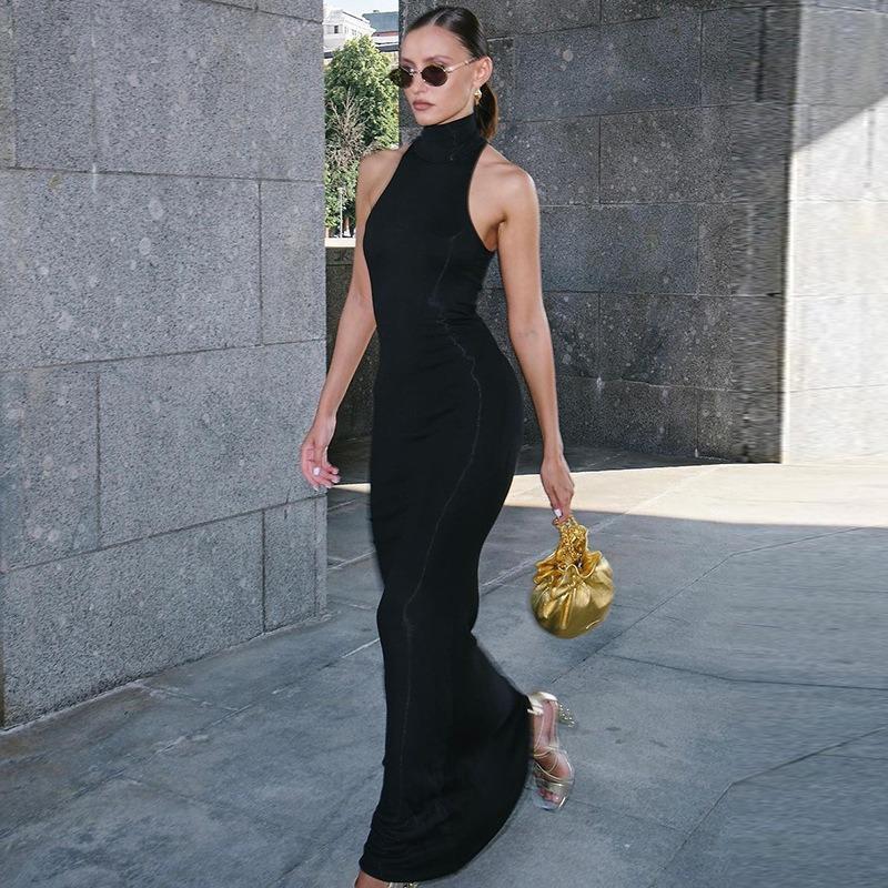 Women's Fashion Elastic Temperament Semi High Neck Sleeveless Solid Color Slim Fit Waist Slimming Long Dress Evening Dresses