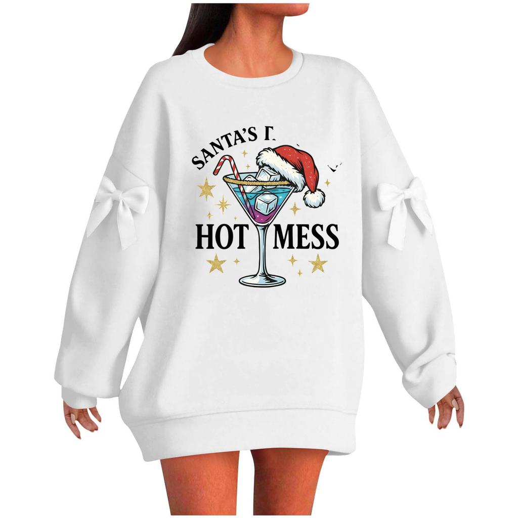 Ladies' Christmas Printed Bow Round Neck Long Sleeved Loose Pullover Sweater Sweatshirt Top