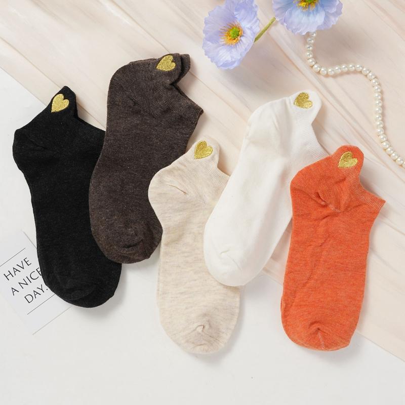 5 Par Skarpetek za Kostkę Gładkich Złoty Jedwab Haft Serce Damskie Skarpetki Bawełniane Nadruk Korony Bawełniane Skarpetki