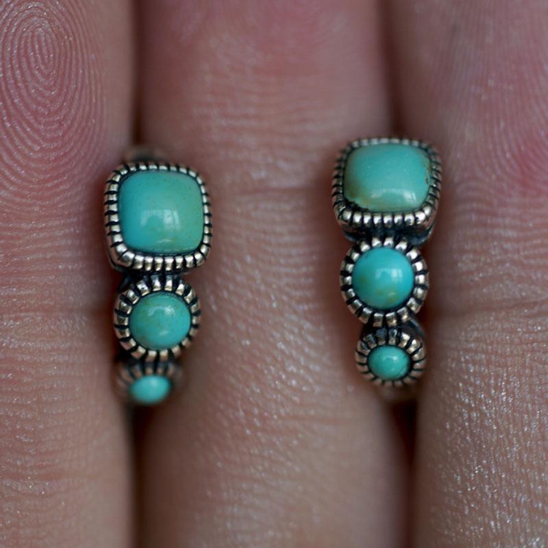 Imitation Natural Turquoise Square Ear Buckles, Retro Imitation Silver Original Design Couple Ear Jewelry