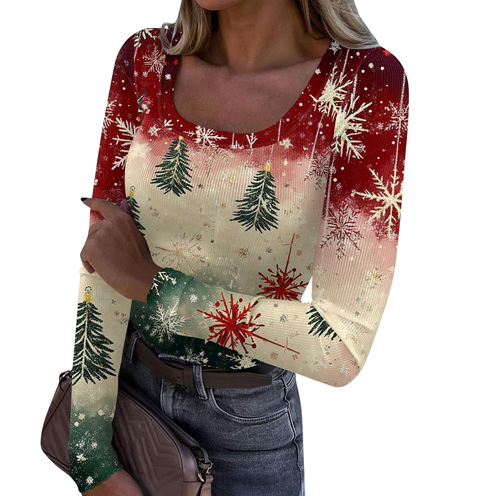 

Женская модная футболка с тонким низом, рождественский принт, пуловер с U-образным вырезом и длинными рукавами XL красный