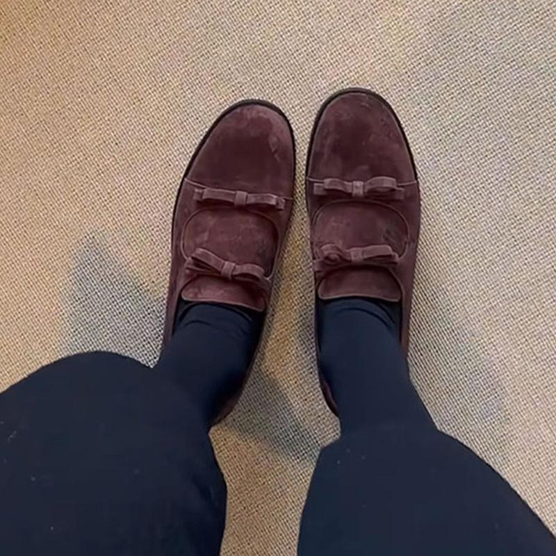 Cowhide Version~ Round Head Retro Bow Small Leather Shoes Low Heel Loafers One Pedal Simple Mary Jane Single Shoes Women