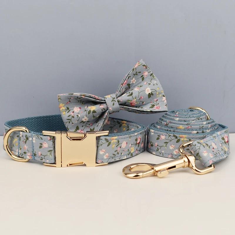 Personalized Floral Dog Collar Leash Harness Set with Bow & Poop Bag Holder - Quick Release Adjustable Pet Accessories for