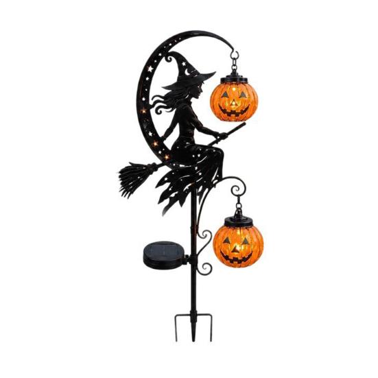 Seasonal Flower Bed Decor Halloween Solar Garden Stake Light, Witch Pumpkin Moon Lantern, Decorative Path Lights IP44 Waterproof Metal Outdoor