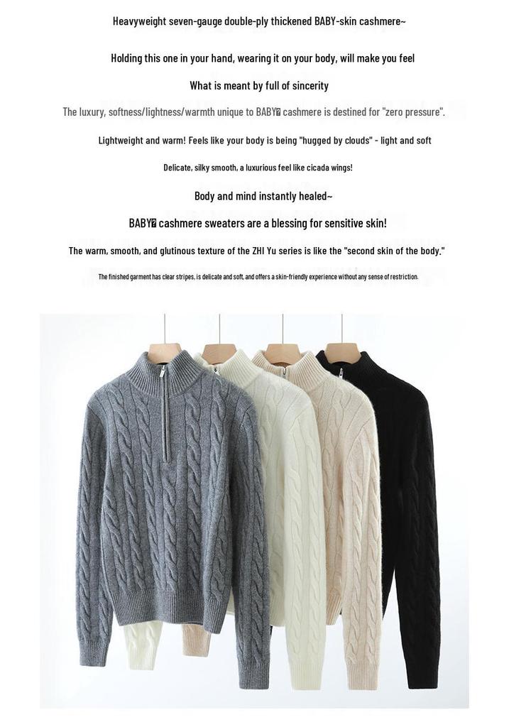Women's High Neck Twisted Cashmere Sweater 2024: Retro Half-Zip Knitwear, Thickened Wool, Autumn/Winter Collection