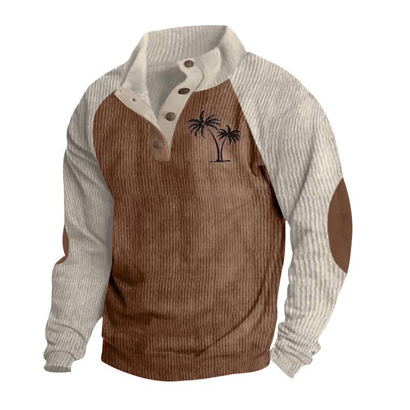Men's Drop-Shoulder Sleeve Casual Printed Stand-Up Collar Loose-Fit Corduroy Patchwork Sports Sweatshirt