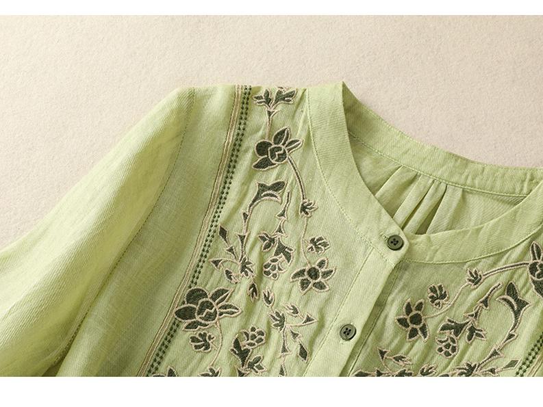 2025 Women's Retro Linen Shirt: Elegant Stand Collar, Single-Breasted, Embroidered Design
