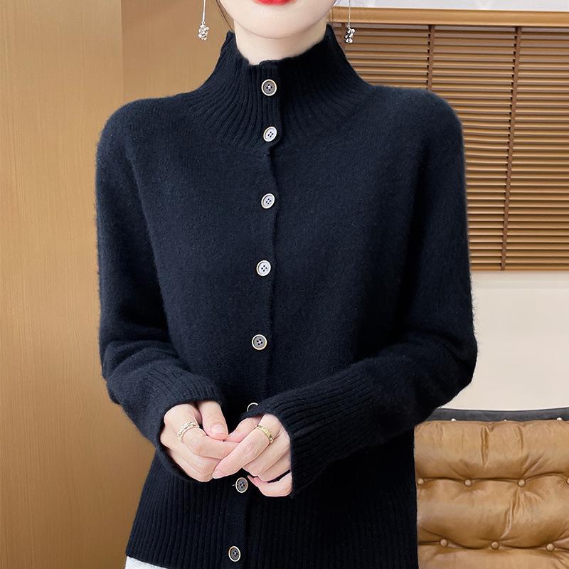 Seven-Needle Stand-Up Collar Cashmere Cardigan: Warm, Simple Solid Color, Versatile Age-Reducing Knitted Sweater.