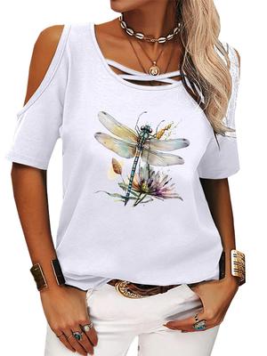 Damenmode Off-Shoulder-Top Lässig Rundhals Sommer T-Shirt Druck Locker Kurzarm T-Shirt