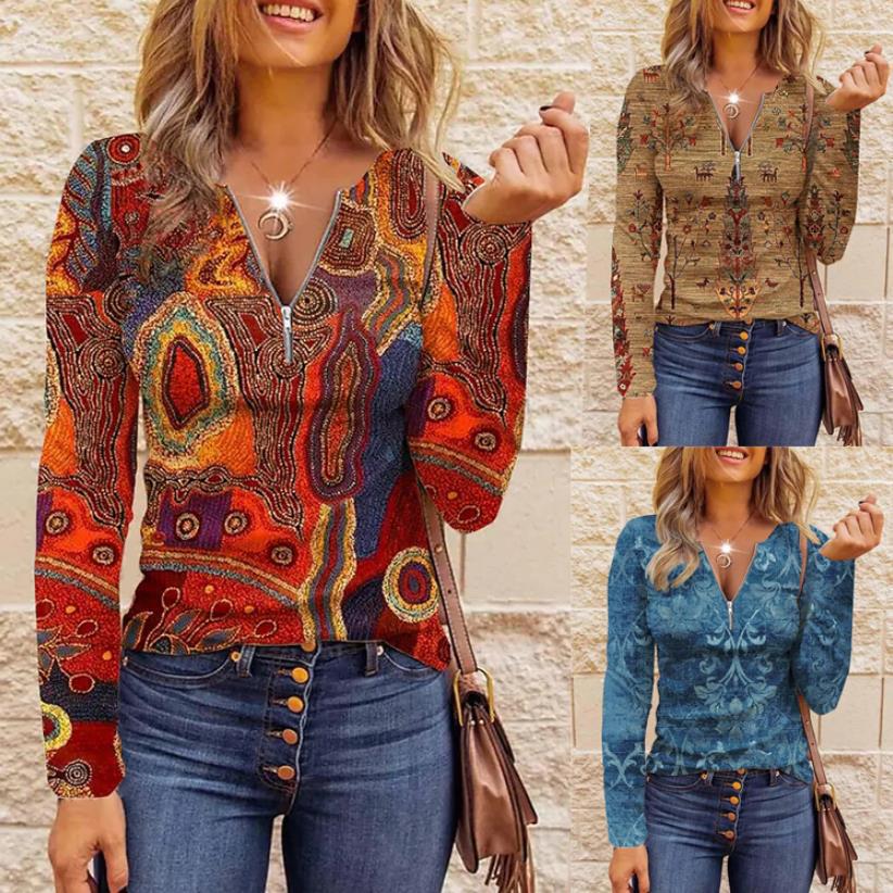 

2023 Spring Women s Long Printed Zipper Bottoming Shirt S