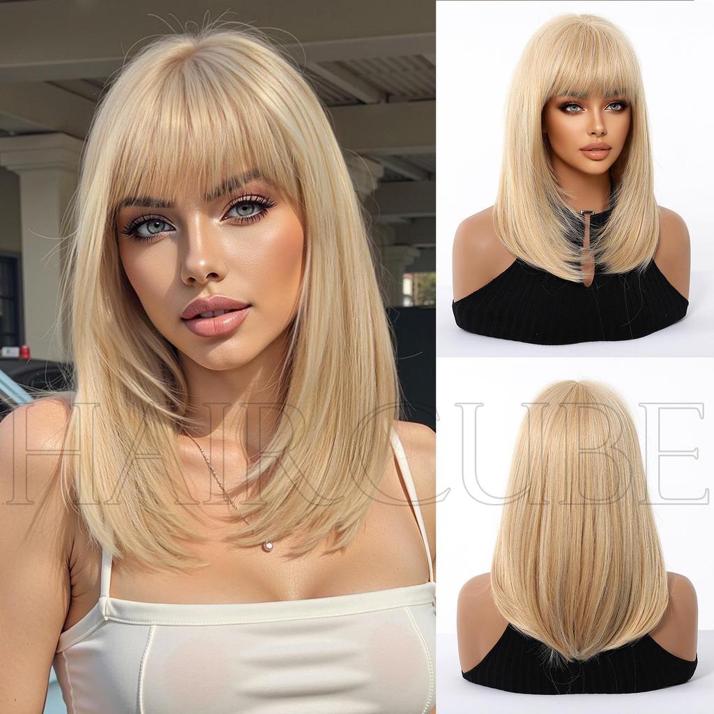 European Style Brown Medium Long Wig with Full Bangs for Women - High-Temperature Fiber