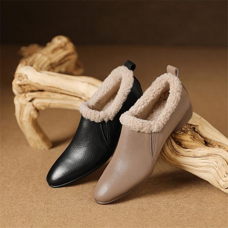 Mode Neue Herbst Winter Echtes Leder Damen Pumps Schuhe für Damen Mode Runde Zehen Warme Fellschuhe Zaptos Mujer Woll-Slipper Damen