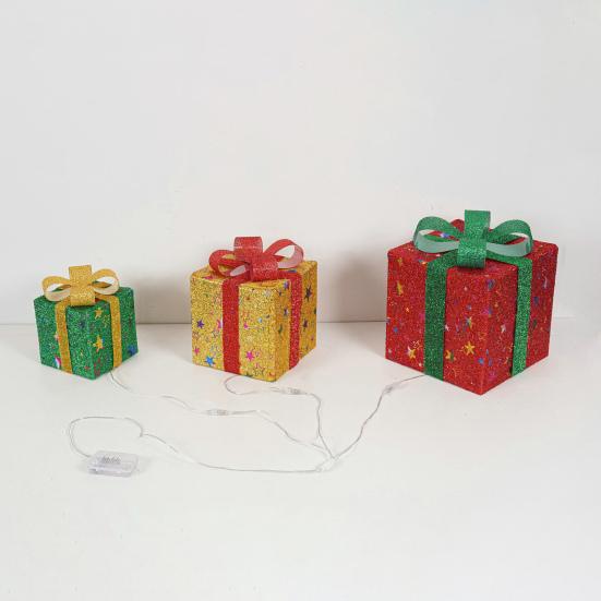 3 Stück Weihnachtsgeschenkboxen mit Beleuchtung und Schleife LED Leuchtende Geschenkboxen für Innen- und Außenbereich Zuhause Veranda Weihnachtsbaum Partydeko