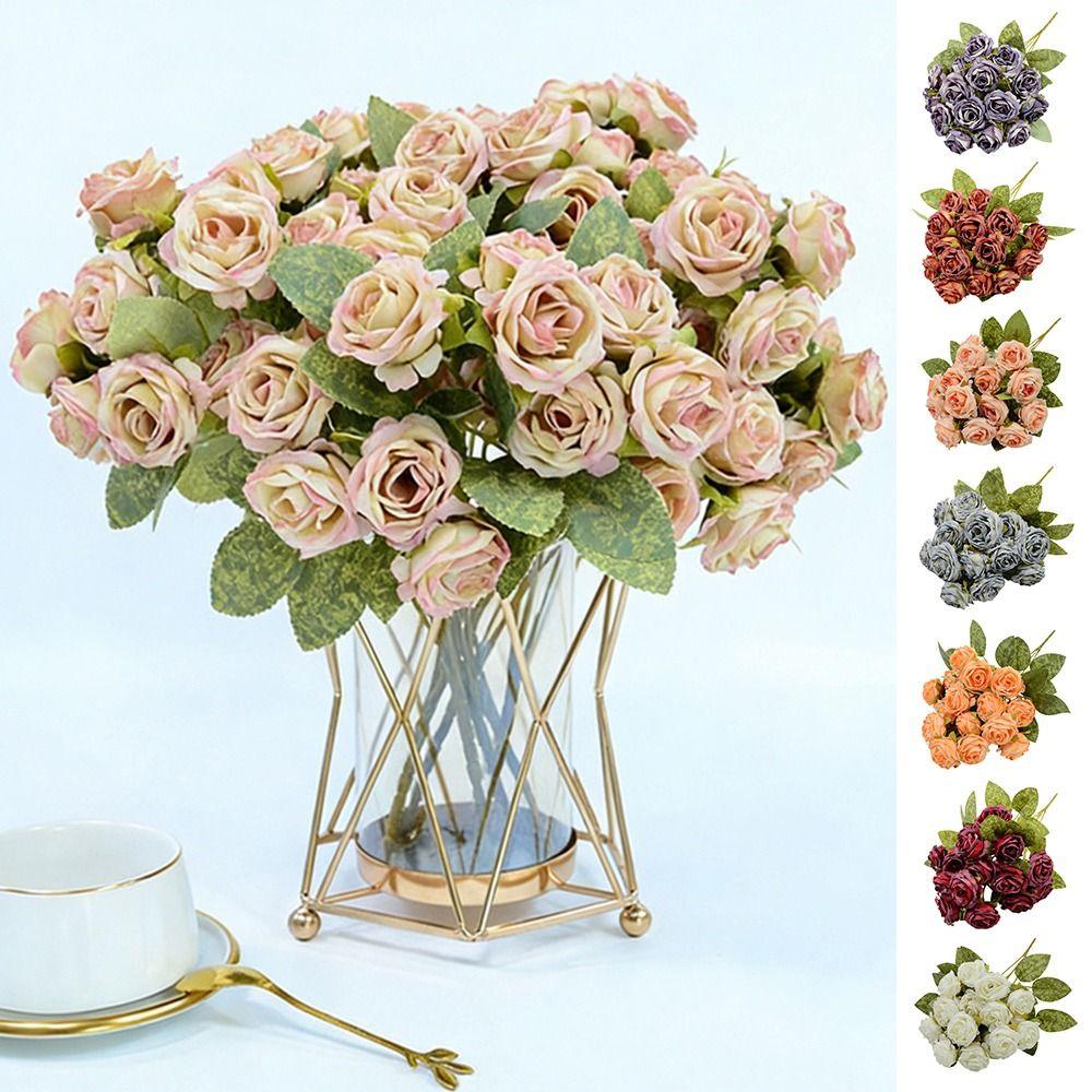 Silk Petals Rose Artificial Flowers 15 Heads Faux Flower Holding Bouquet Flower Home Decoration